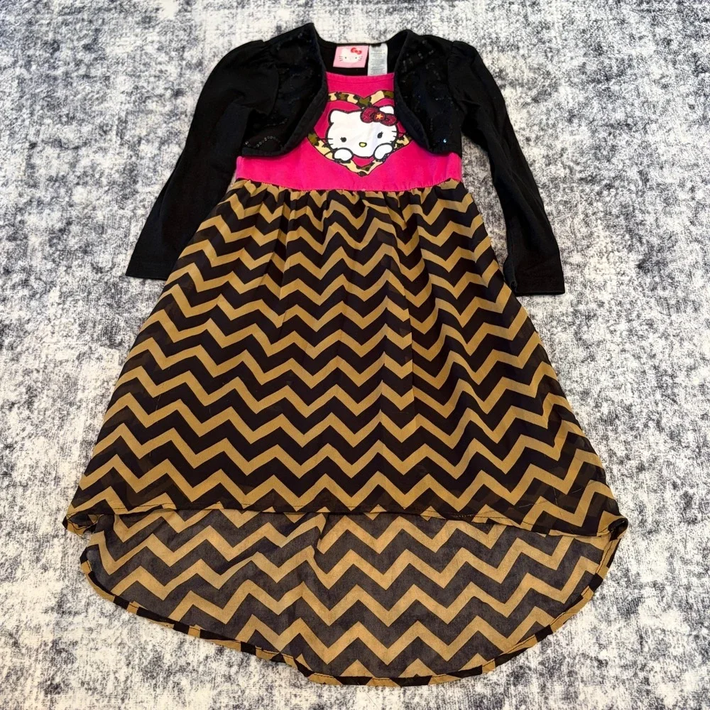 Hello Kitty Girls Pink Black‎ Chevron High-Low Dress Long Sleeve Shrug Sz XS 4/5
